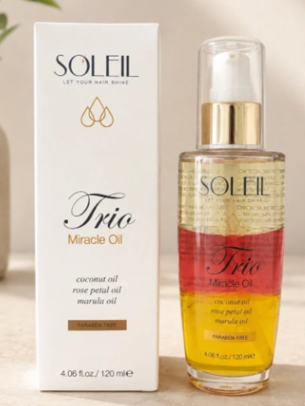 SOLEIL TRIO MIRACLE OIL-COCONUT OIL+ROSE PETAL OIL+MARULA OIL-4.06 oz/120 ml-NEW